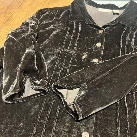 Vintage J. Jill Women's Crushed Velvet Button Up Blouse 3/4 Sleeves Brown L (14) - Picture 11 of 12
